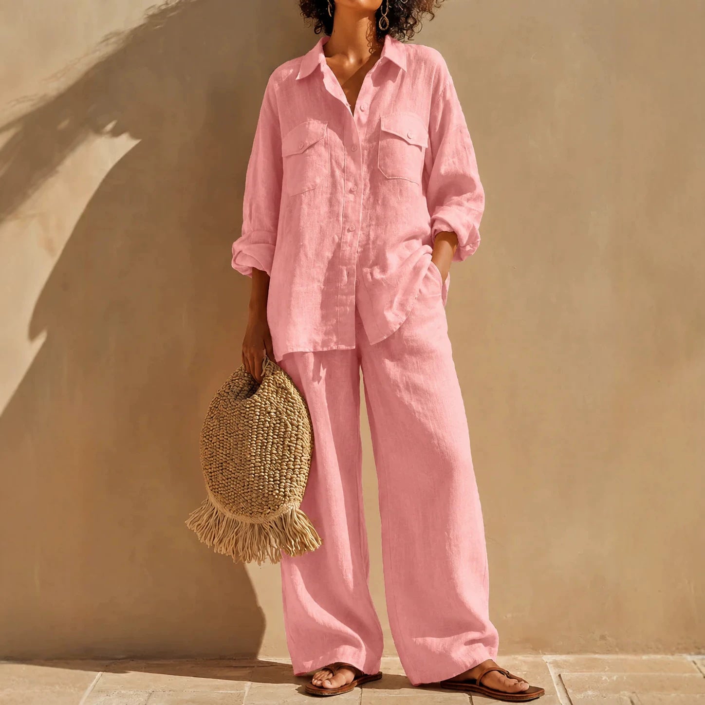 Solid Color Casual Linen Long Sleeve Top With Wide Leg Pants 2 Pieces Set For Summer
