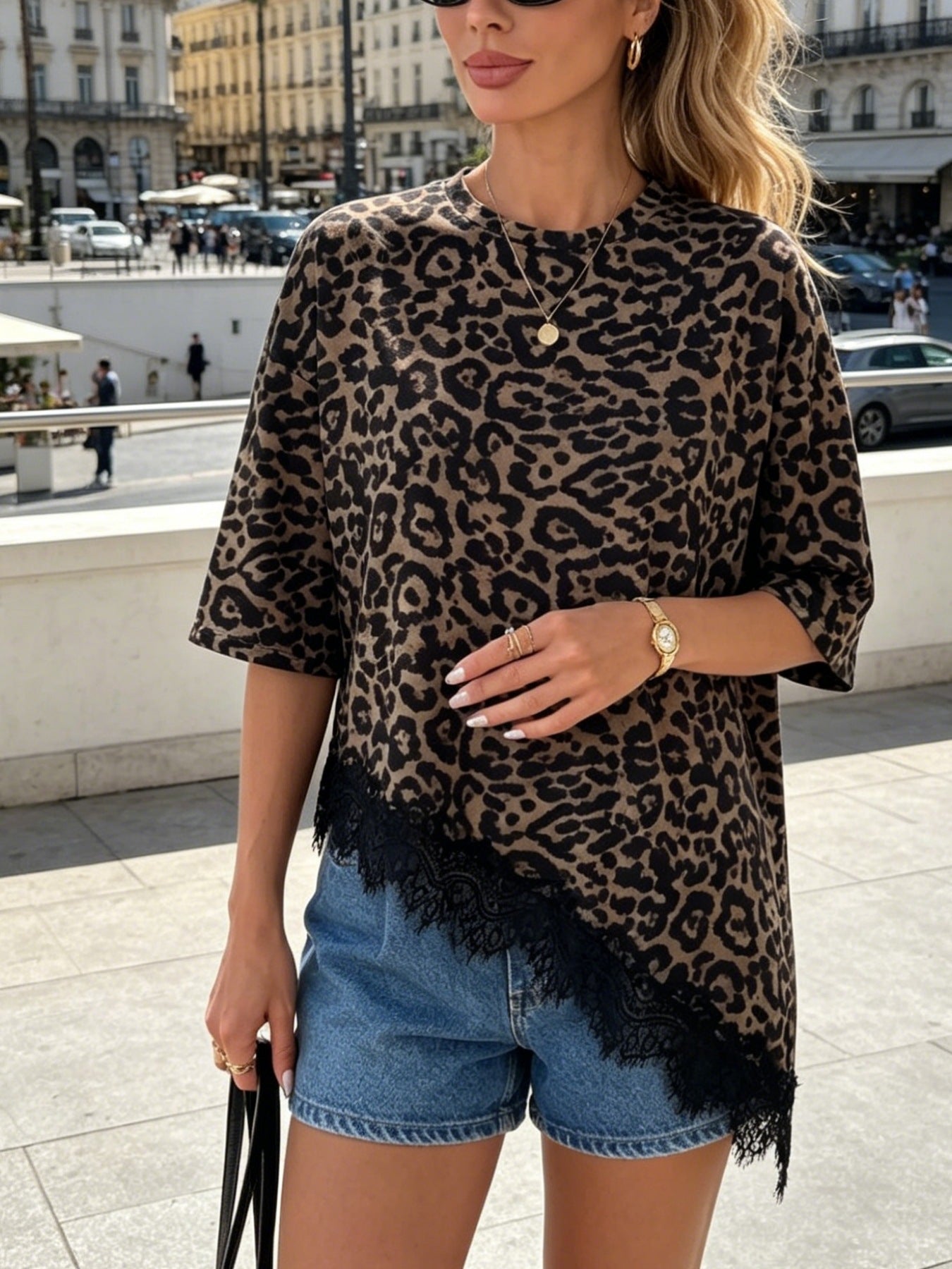 Leopard Print Casual Short Sleeve T-shirt In Polyester Fabric Featuring Printing Technique