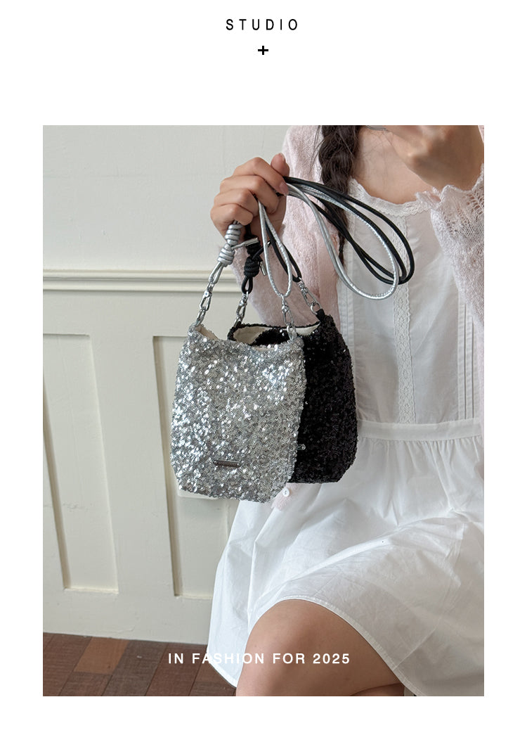 Adults Bucket Crossbody Bag In PU Leather With Sequins, Stylish And Suitable For All Seasons