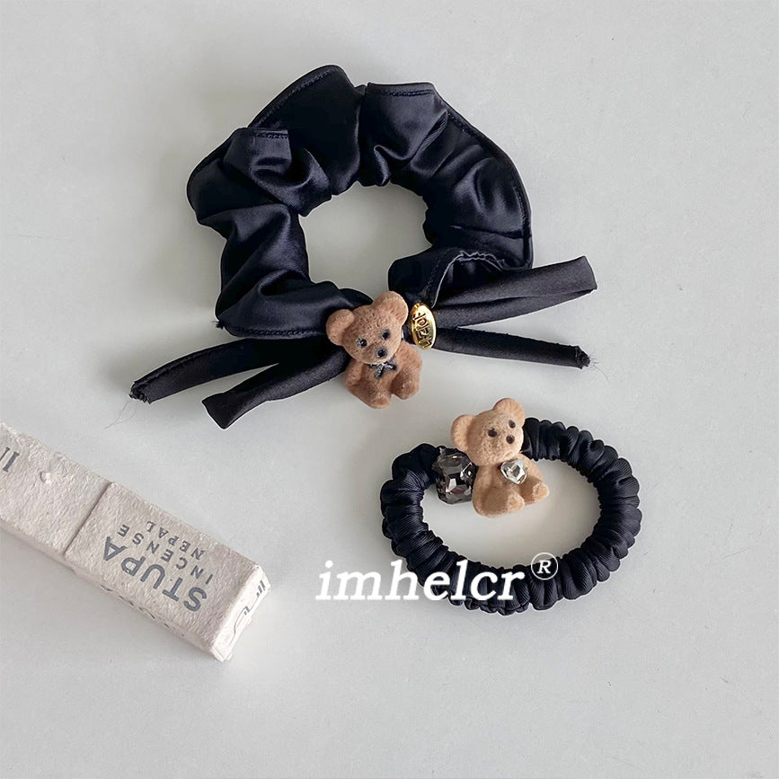 Little Bear New Style Satin Rubber Band Hair Accessory For Women In Dyed Black