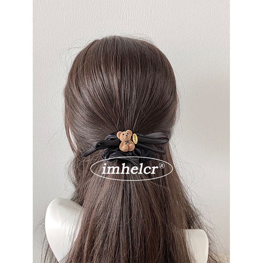 Little Bear New Style Satin Rubber Band Hair Accessory For Women In Dyed Black