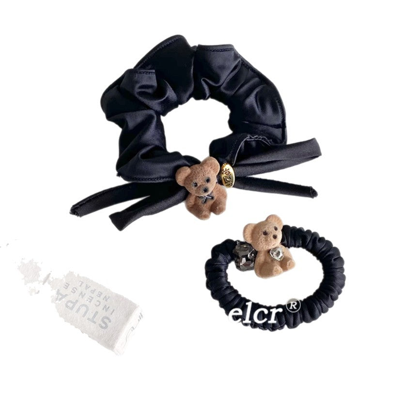 Little Bear New Style Satin Rubber Band Hair Accessory For Women In Dyed Black