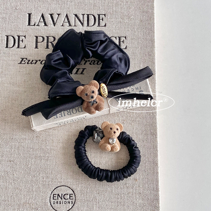 Little Bear New Style Satin Rubber Band Hair Accessory For Women In Dyed Black