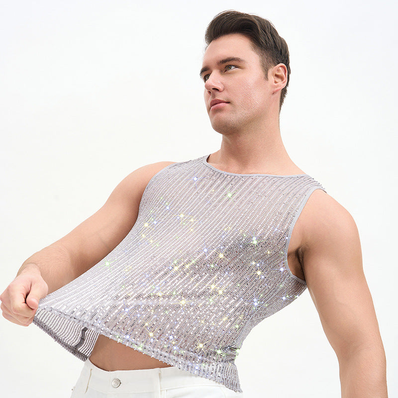 Solid Color Casual Sleeveless Vest With Sequins Featuring Pullover Design For Men