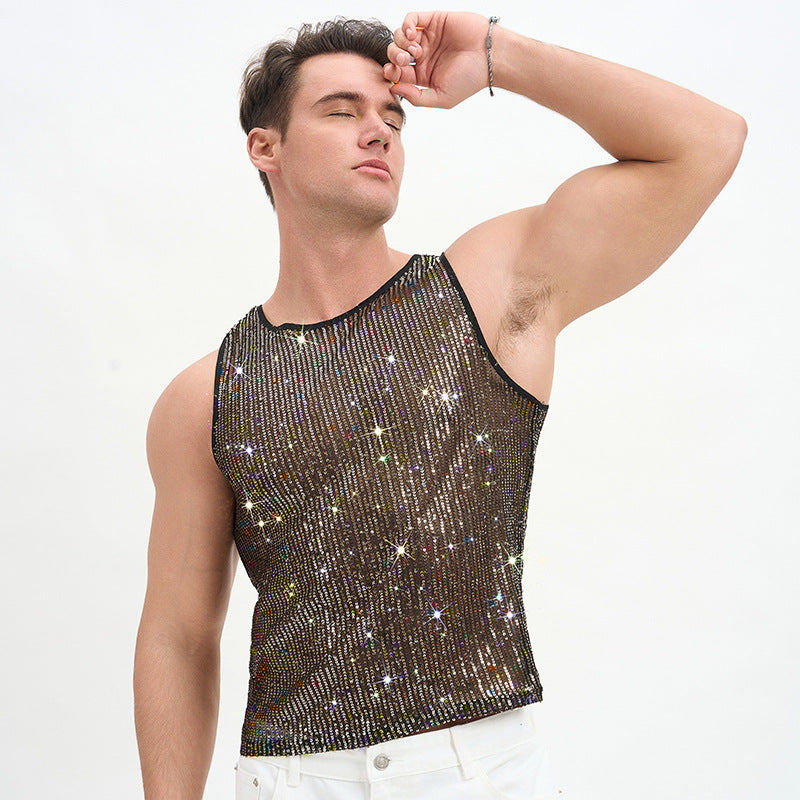 Solid Color Casual Sleeveless Vest With Sequins Featuring Pullover Design For Men