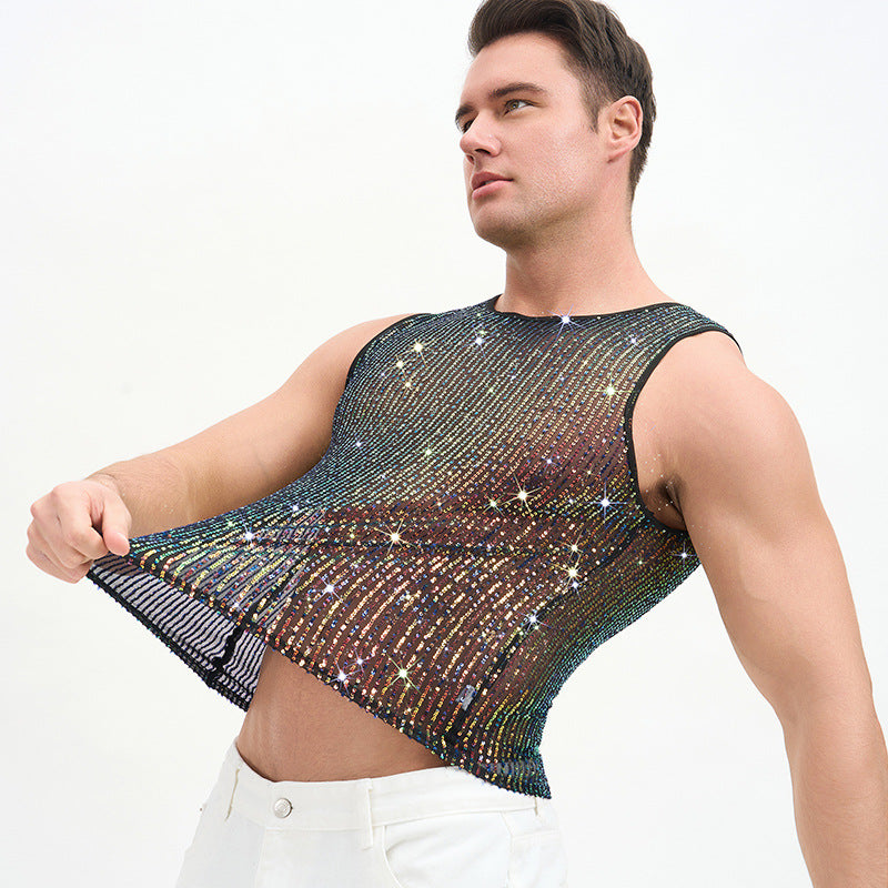 Solid Color Casual Sleeveless Vest With Sequins Featuring Pullover Design For Men