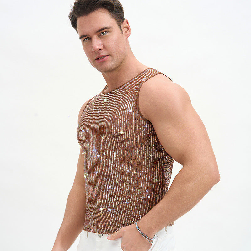 Solid Color Casual Sleeveless Vest With Sequins Featuring Pullover Design For Men