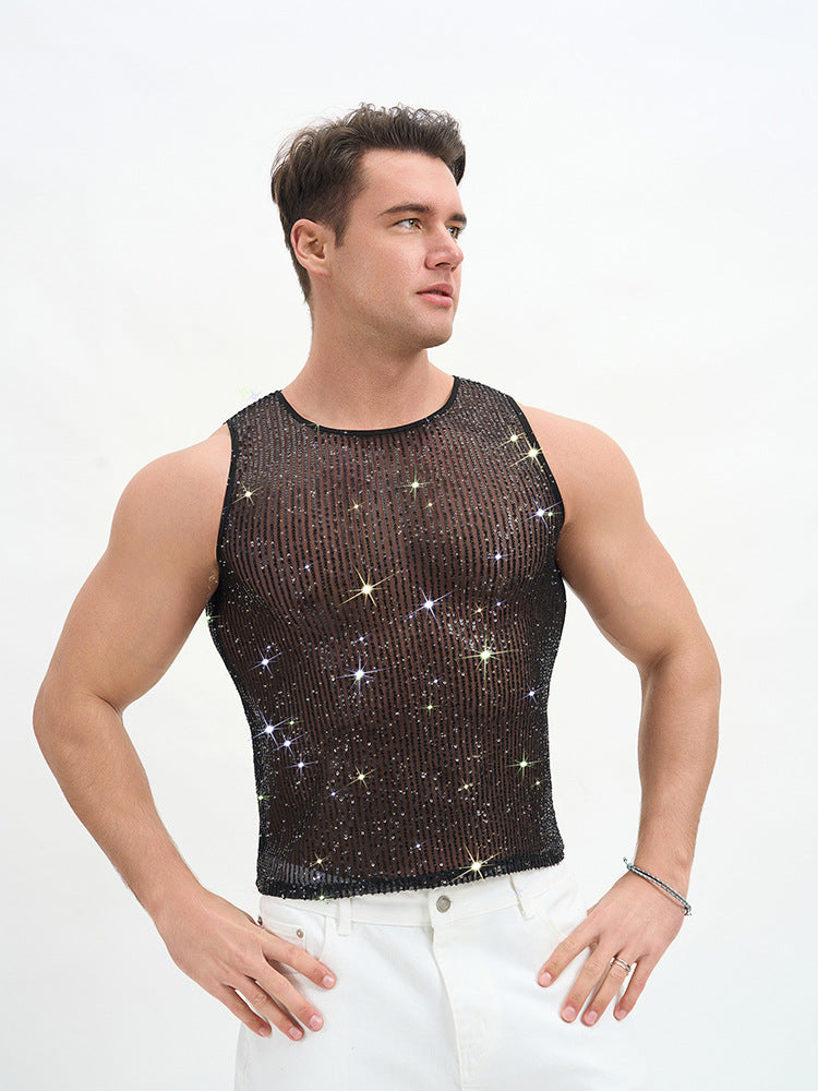 Solid Color Casual Sleeveless Vest With Sequins Featuring Pullover Design For Men