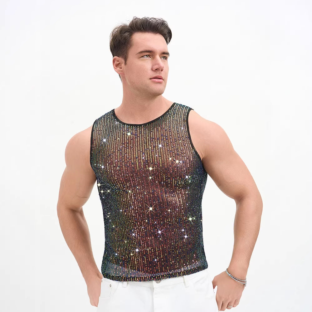 Solid Color Casual Sleeveless Vest With Sequins Featuring Pullover Design For Men