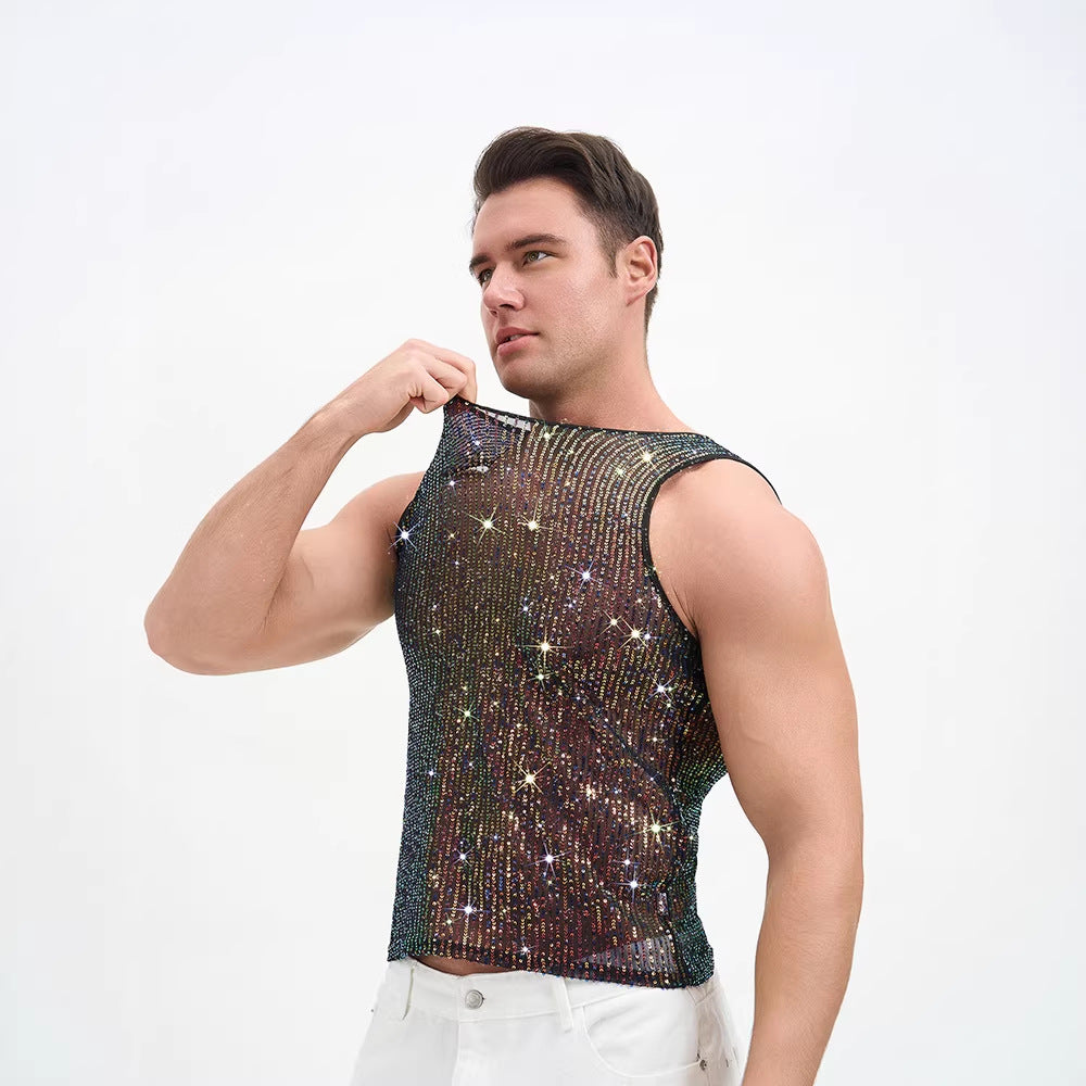 Solid Color Casual Sleeveless Vest With Sequins Featuring Pullover Design For Men