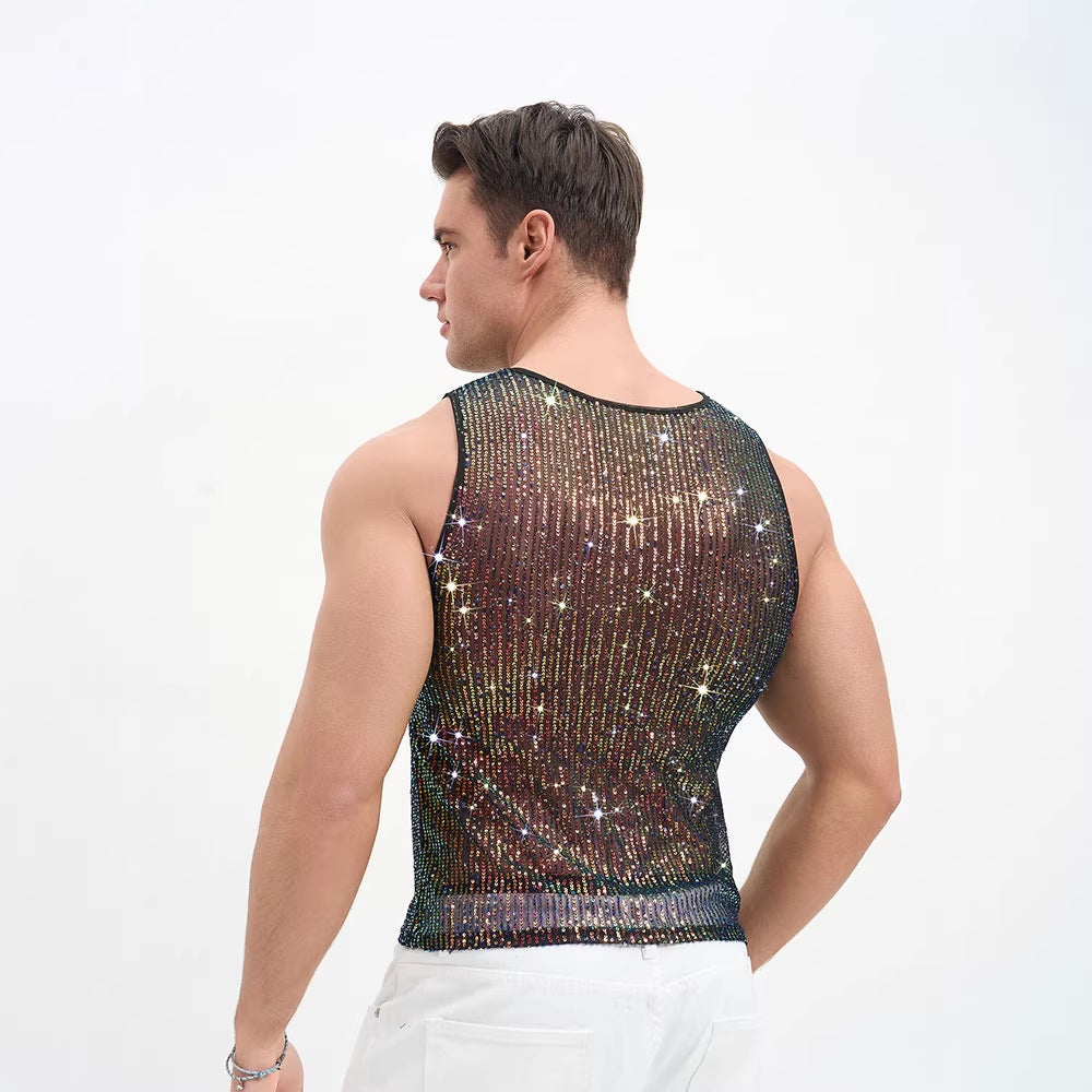 Solid Color Casual Sleeveless Vest With Sequins Featuring Pullover Design For Men