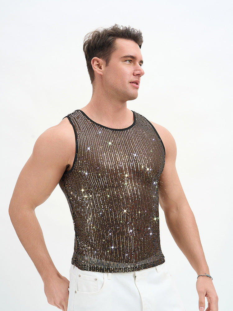 Solid Color Casual Sleeveless Vest With Sequins Featuring Pullover Design For Men