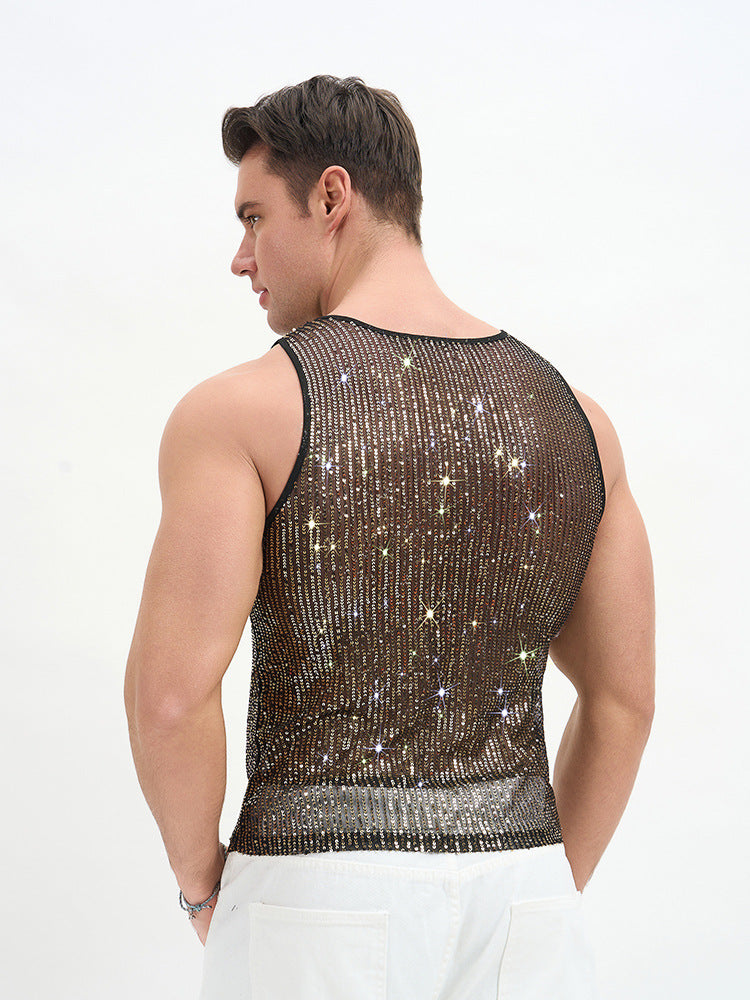 Solid Color Casual Sleeveless Vest With Sequins Featuring Pullover Design For Men