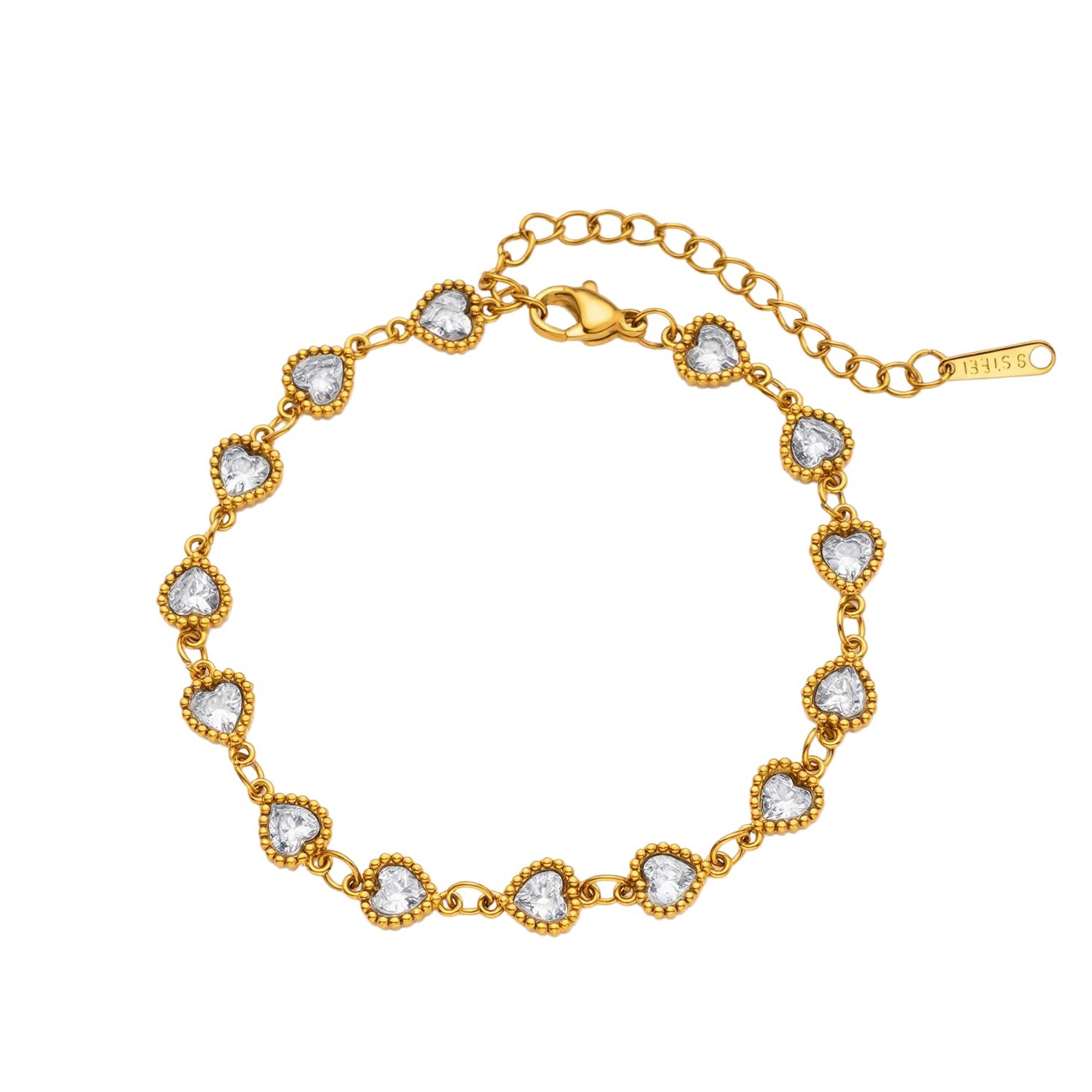 Heart Shape Hypoallergenic Bracelets For Women With Zircon Inlay, 18K Real Gold Plated 304 Stainless Steel Figaro Chain, PVD Coated