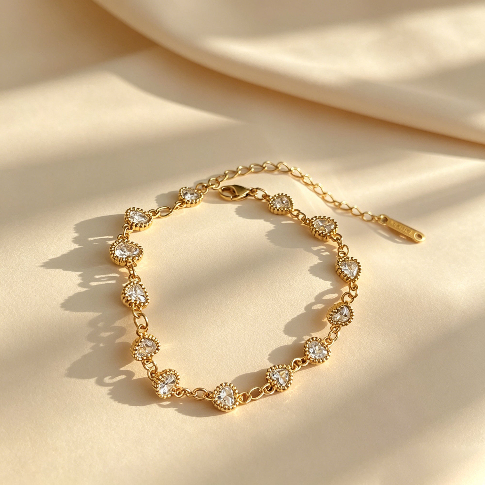 Heart Shape Hypoallergenic Bracelets For Women With Zircon Inlay, 18K Real Gold Plated 304 Stainless Steel Figaro Chain, PVD Coated