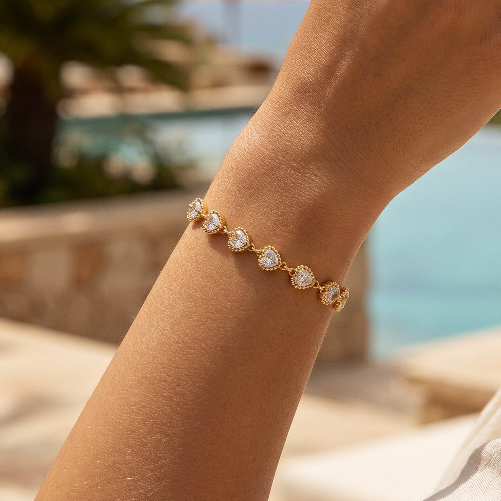 Heart Shape Hypoallergenic Bracelets For Women With Zircon Inlay, 18K Real Gold Plated 304 Stainless Steel Figaro Chain, PVD Coated