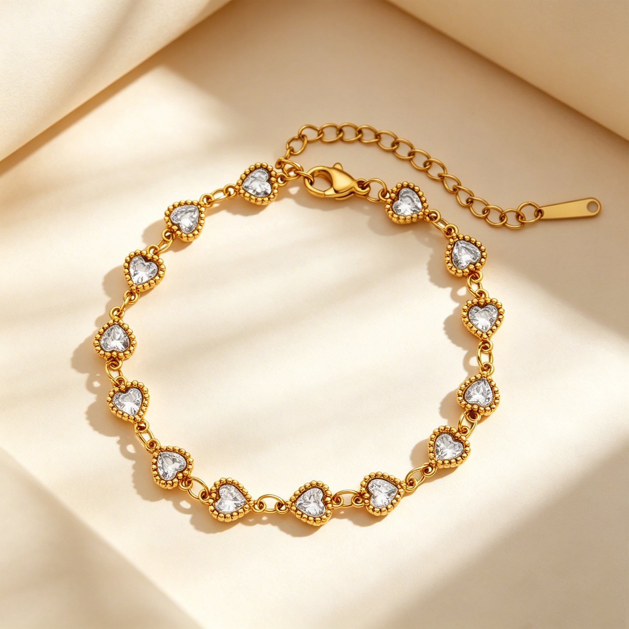 Heart Shape Hypoallergenic Bracelets For Women With Zircon Inlay, 18K Real Gold Plated 304 Stainless Steel Figaro Chain, PVD Coated