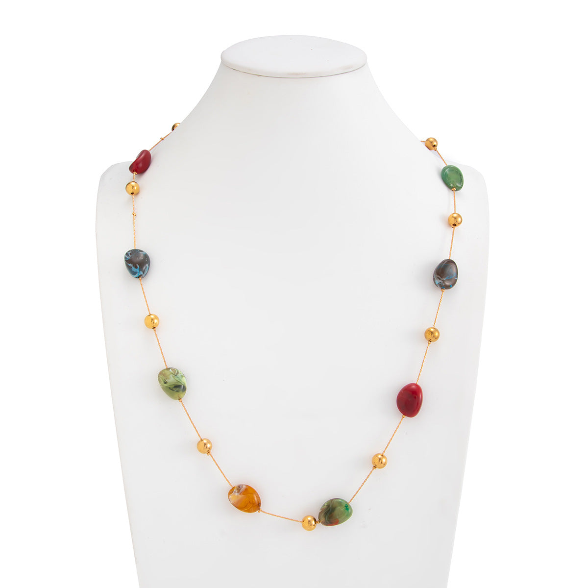 Handmade Bohemian Tie Dye Long Necklace For Women With Resin Inlay On Beaded Chain In Colour