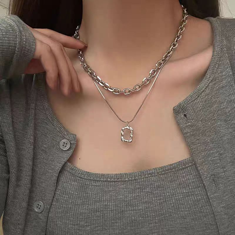 Geometric Double Layer Necklaces In New Style For Women, Silver Alloy With Electroplated Finish Pendant