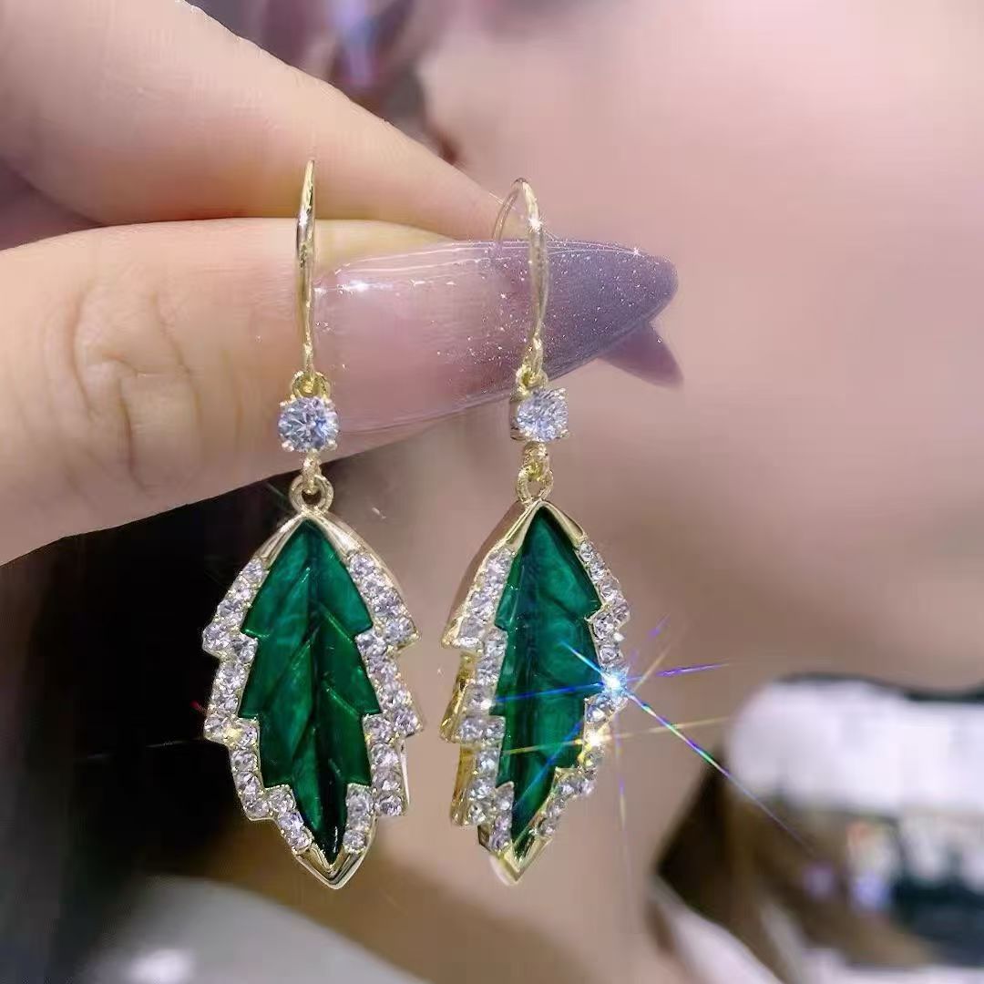 Leaves Earrings For Women In Green, Electroplated Alloy With Zinc Alloy Ear Pins
