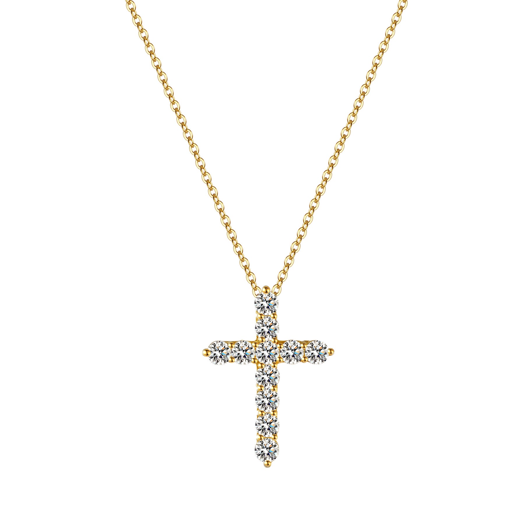 Cross Pendant Necklace For Women In 925 Sterling Silver With 14K Real Gold Plated Finish And Moissanite Inlay On Cable Chain