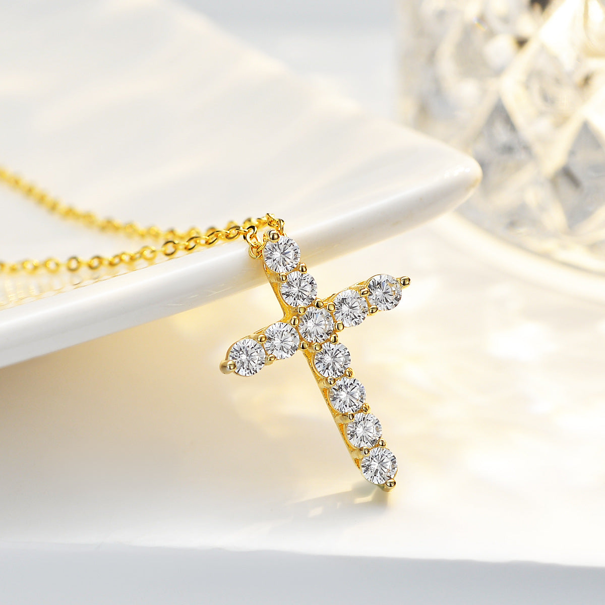 Cross Pendant Necklace For Women In 925 Sterling Silver With 14K Real Gold Plated Finish And Moissanite Inlay On Cable Chain