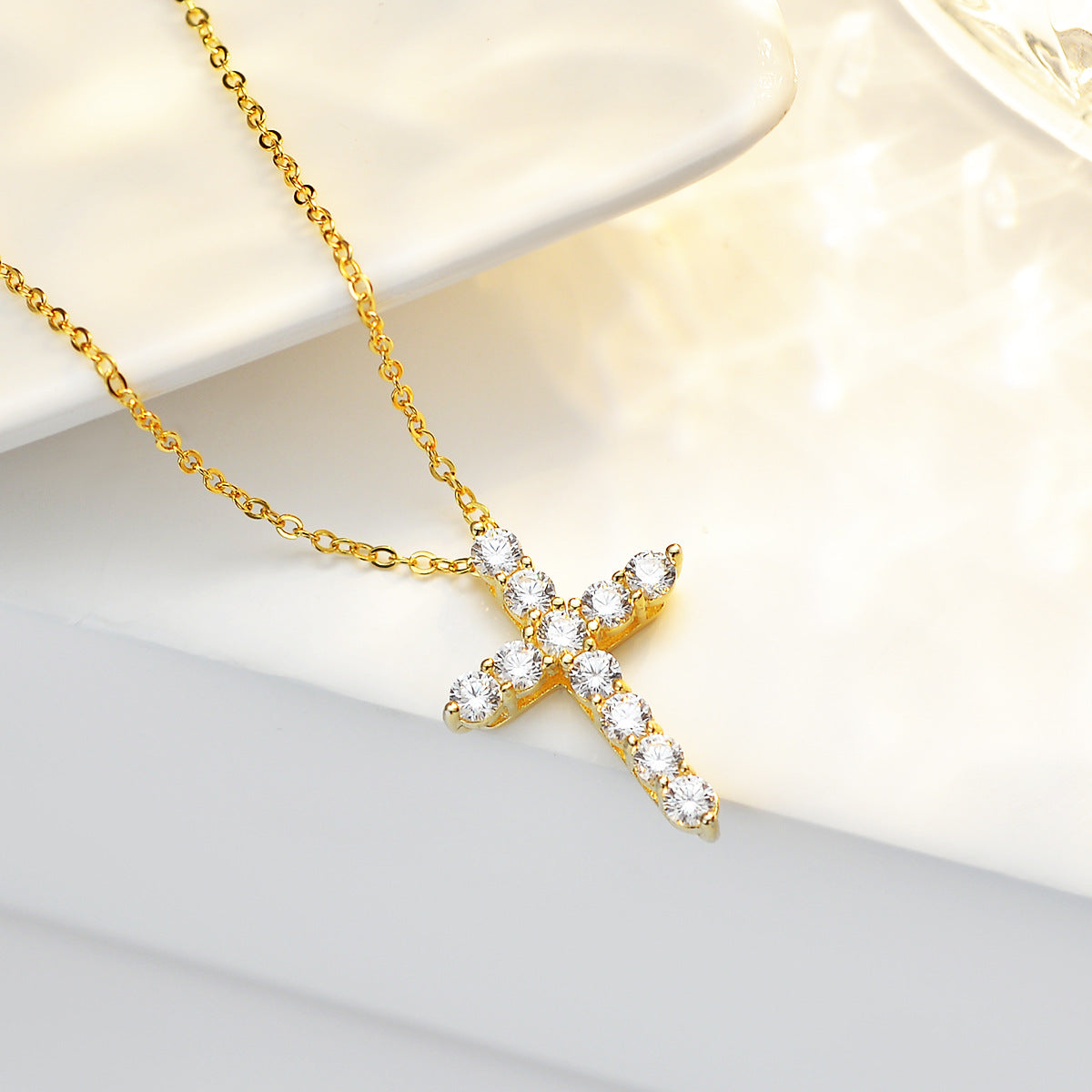 Cross Pendant Necklace For Women In 925 Sterling Silver With 14K Real Gold Plated Finish And Moissanite Inlay On Cable Chain