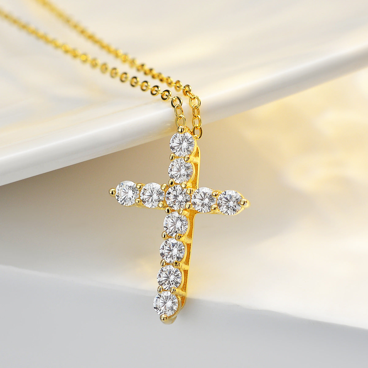 Cross Pendant Necklace For Women In 925 Sterling Silver With 14K Real Gold Plated Finish And Moissanite Inlay On Cable Chain