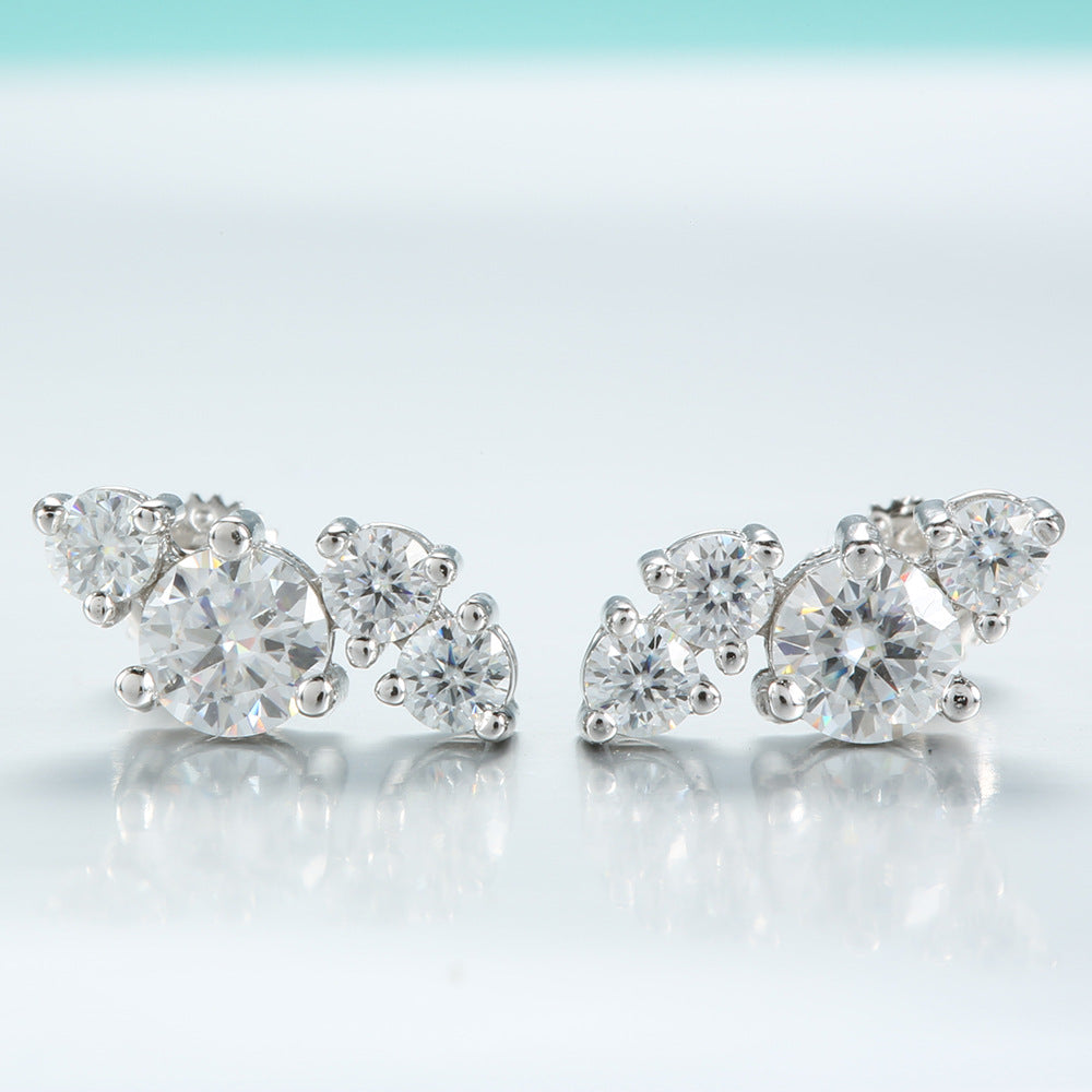 Geometric Asymmetrical Stud Earrings For Women In 925 Sterling Silver With Moissanite Inlay