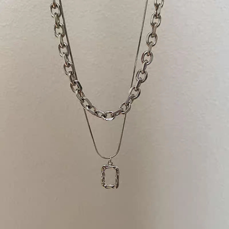 Geometric Double Layer Necklaces In New Style For Women, Silver Alloy With Electroplated Finish Pendant