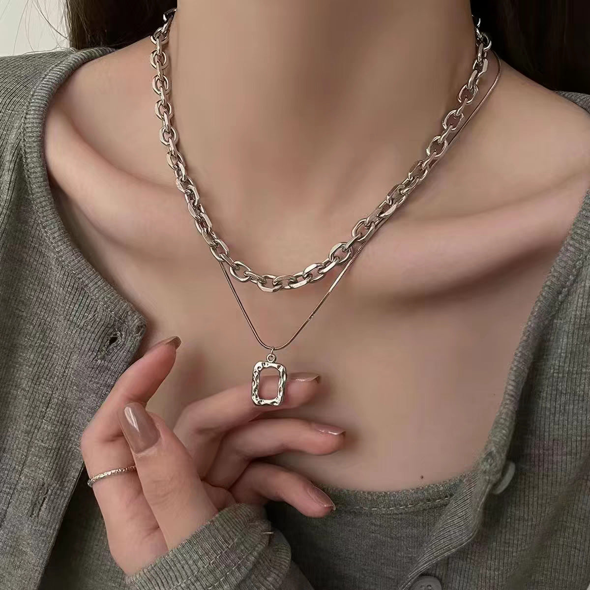 Geometric Double Layer Necklaces In New Style For Women, Silver Alloy With Electroplated Finish Pendant