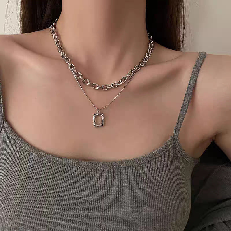Geometric Double Layer Necklaces In New Style For Women, Silver Alloy With Electroplated Finish Pendant