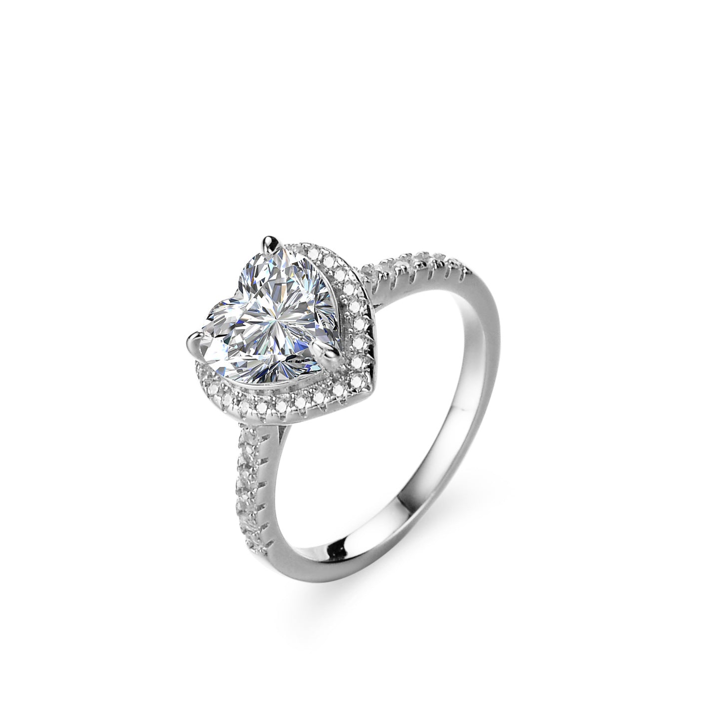 Simple Style Heart Shape Ring For Women In 925 Sterling Silver With Moissanite Inlay, Silver