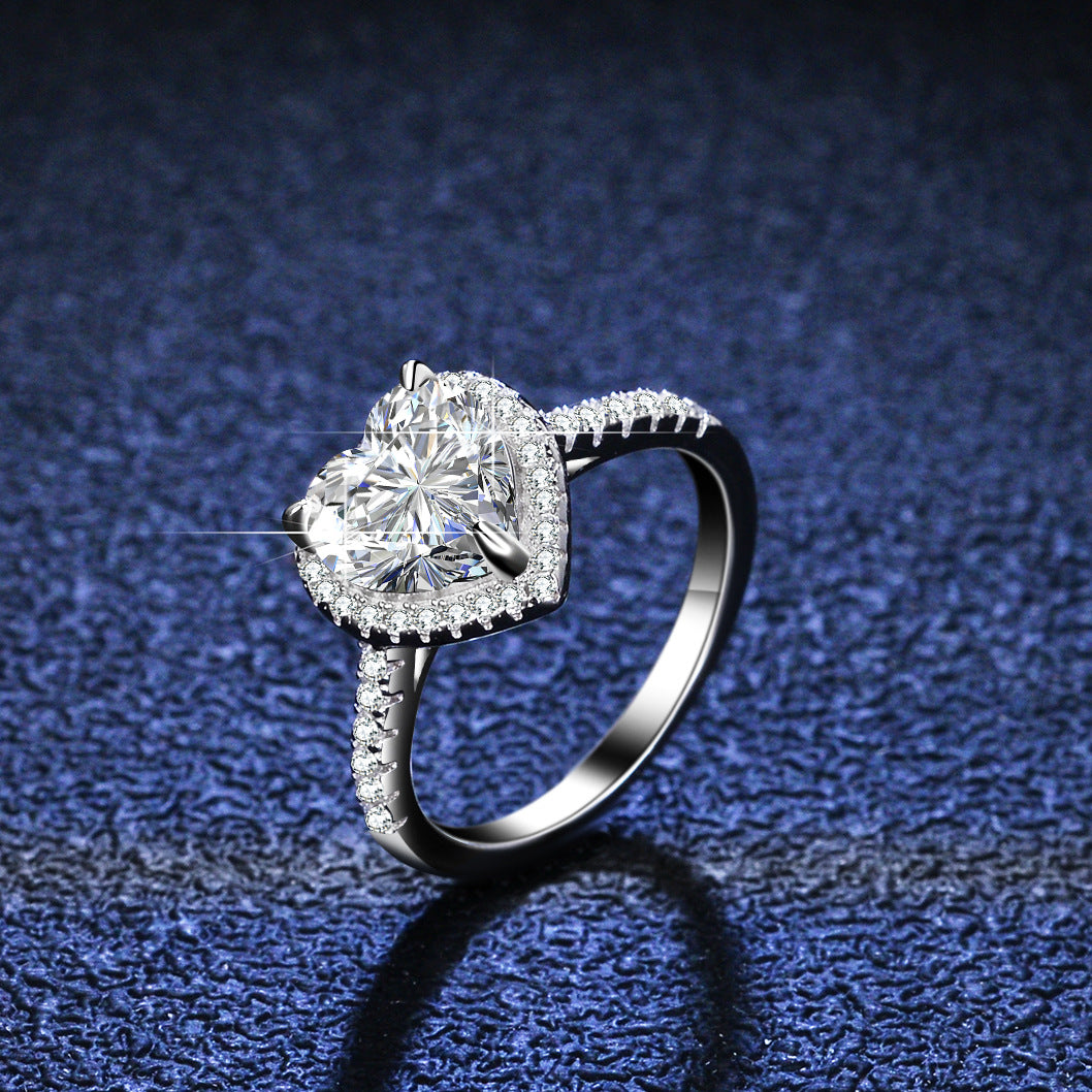 Simple Style Heart Shape Ring For Women In 925 Sterling Silver With Moissanite Inlay, Silver