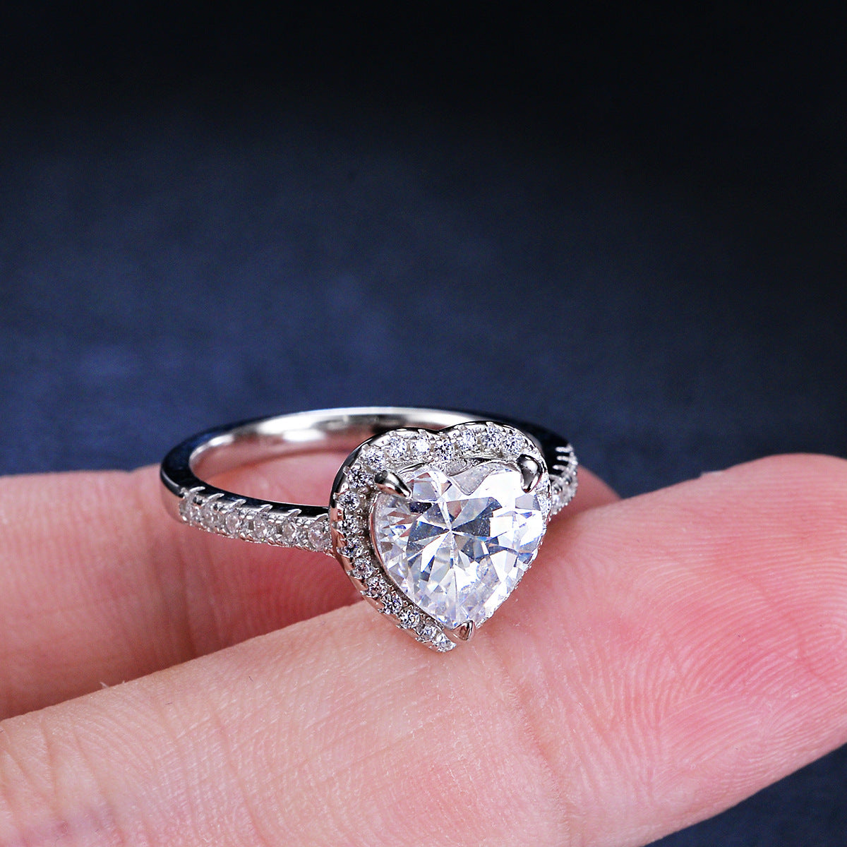 Simple Style Heart Shape Ring For Women In 925 Sterling Silver With Moissanite Inlay, Silver