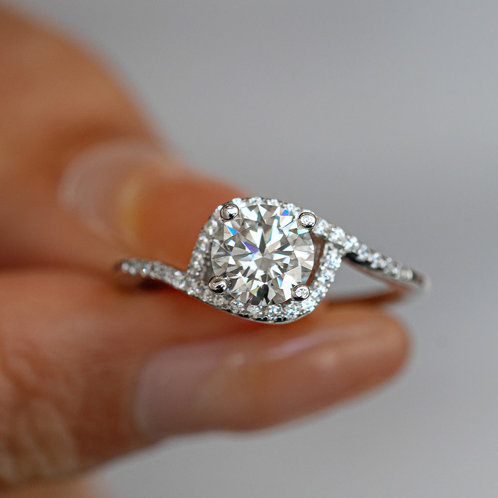 Geometric 925 Sterling Silver Women’s Ring With Moissanite Featuring Claw Setting In Silver