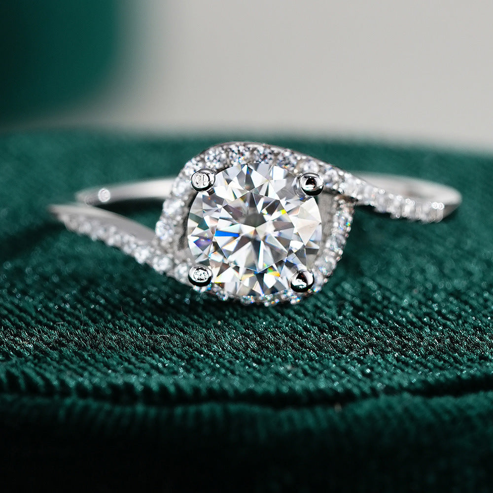 Geometric 925 Sterling Silver Women’s Ring With Moissanite Featuring Claw Setting In Silver