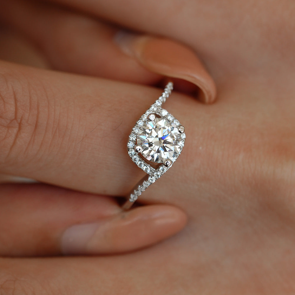 Geometric 925 Sterling Silver Women’s Ring With Moissanite Featuring Claw Setting In Silver