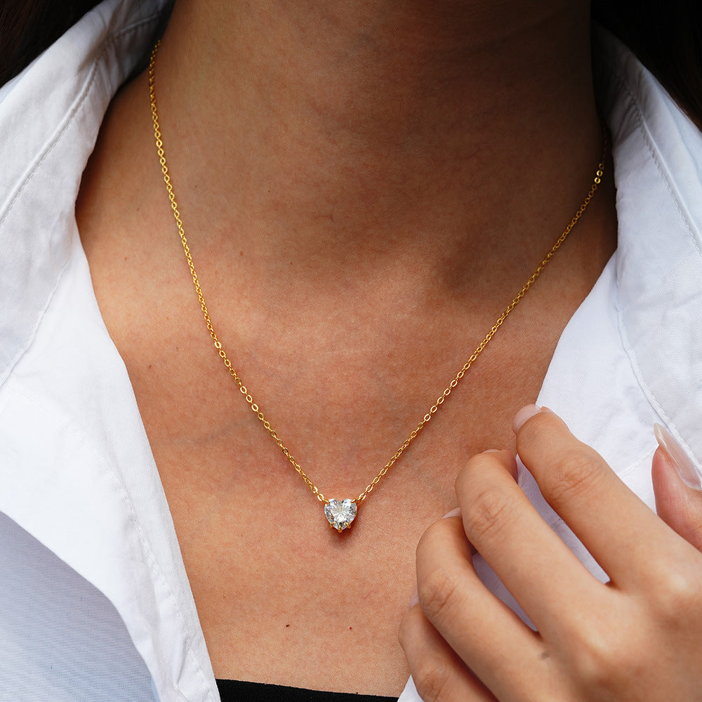 Heart Shape Pendant Necklace For Women In Gold 925 Sterling Silver With Moissanite Inlay And Cable Chain, Simple Style