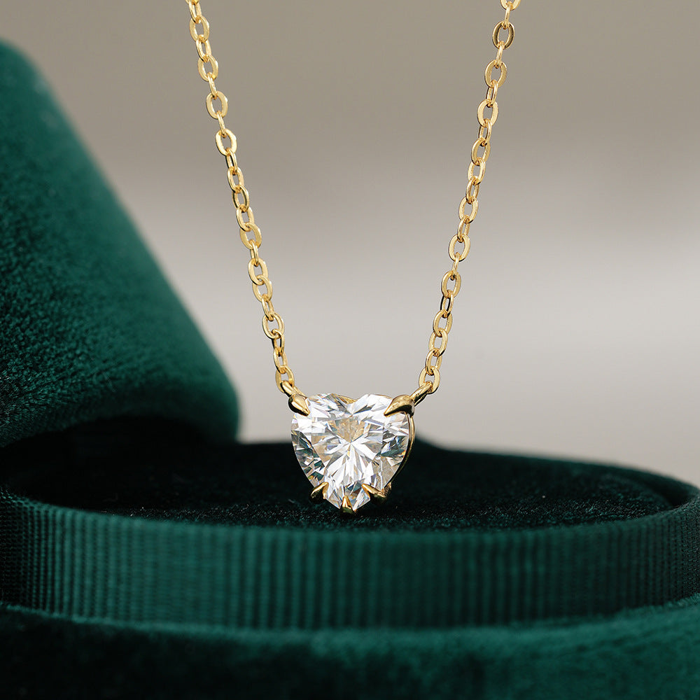 Heart Shape Pendant Necklace For Women In Gold 925 Sterling Silver With Moissanite Inlay And Cable Chain, Simple Style
