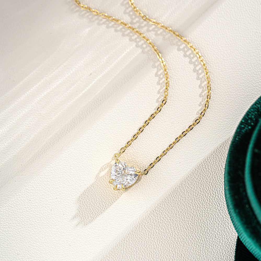 Heart Shape Pendant Necklace For Women In Gold 925 Sterling Silver With Moissanite Inlay And Cable Chain, Simple Style