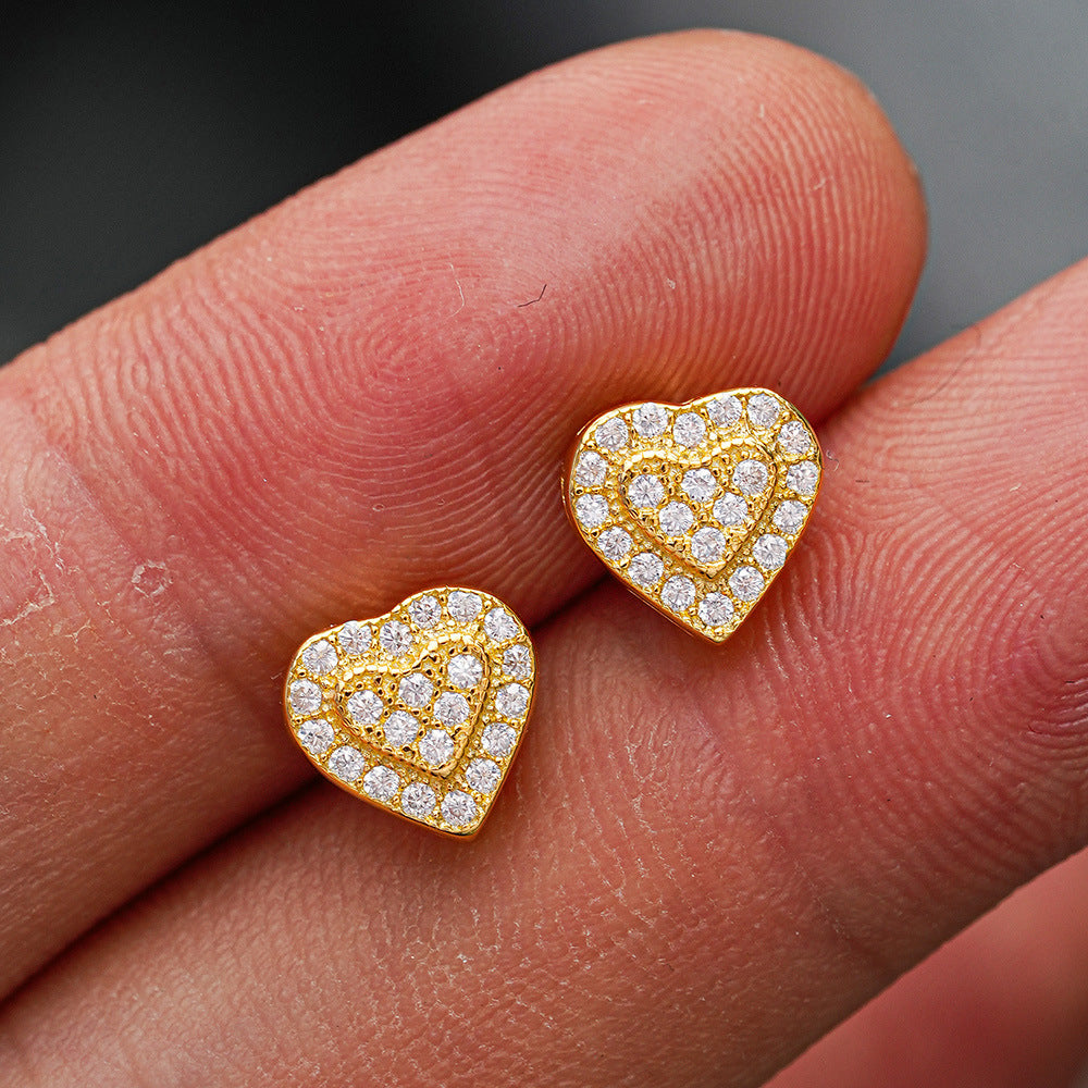 Heart Shape Stud Earrings In 925 Sterling Silver With Moissanite Inlay, Unisex Hip-Hop Style