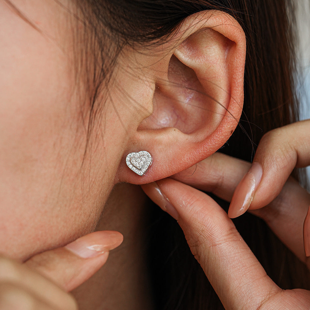 Heart Shape Stud Earrings In 925 Sterling Silver With Moissanite Inlay, Unisex Hip-Hop Style
