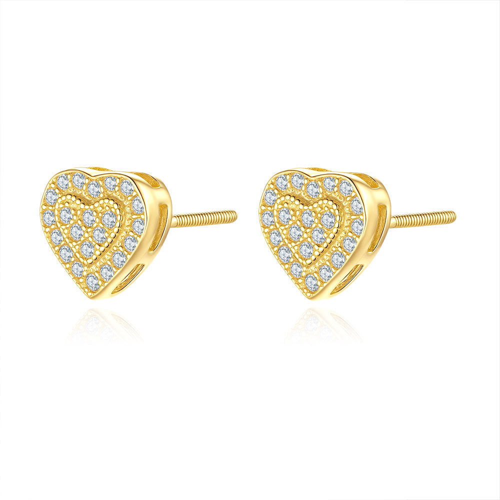 Heart Shape Stud Earrings In 925 Sterling Silver With Moissanite Inlay, Unisex Hip-Hop Style