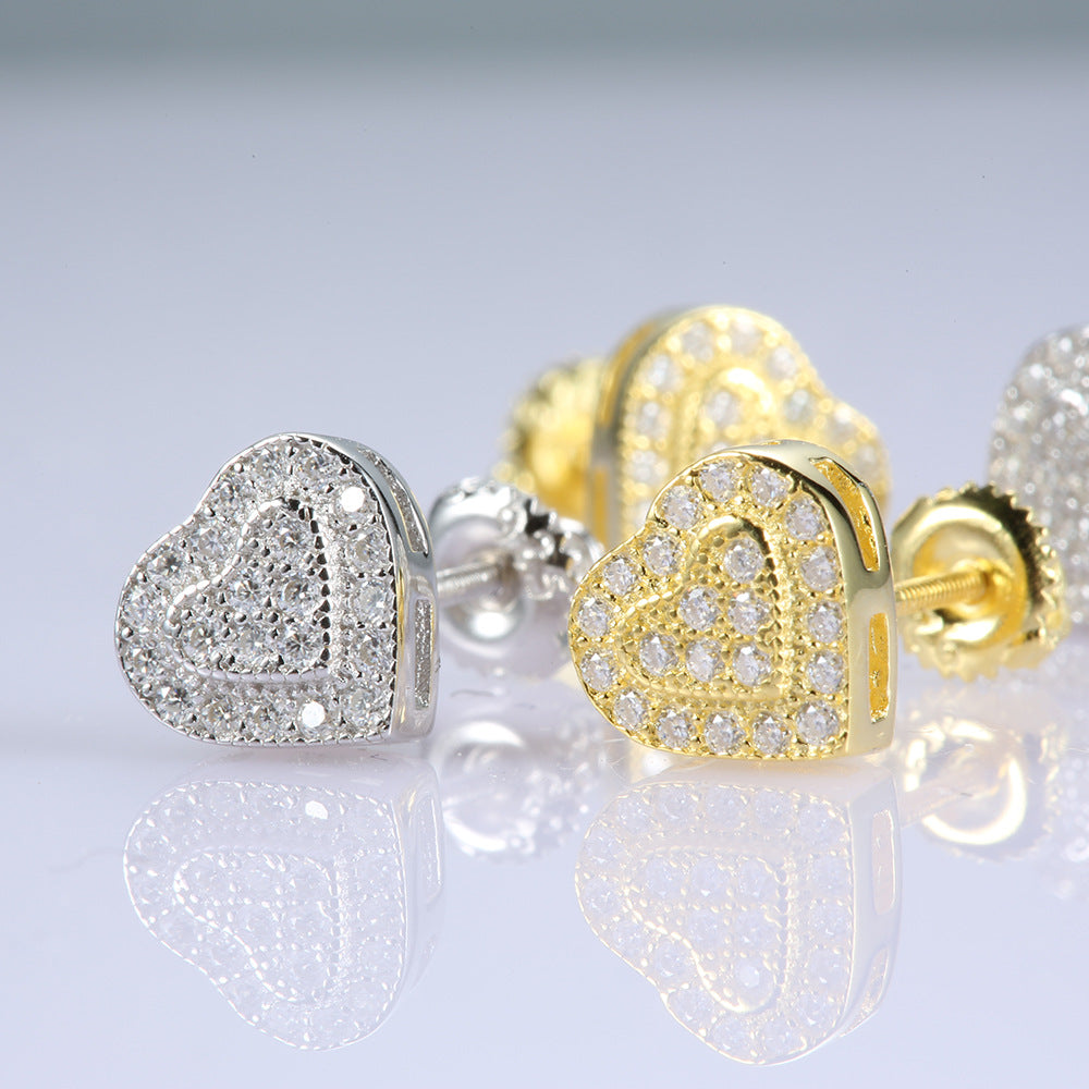 Heart Shape Stud Earrings In 925 Sterling Silver With Moissanite Inlay, Unisex Hip-Hop Style