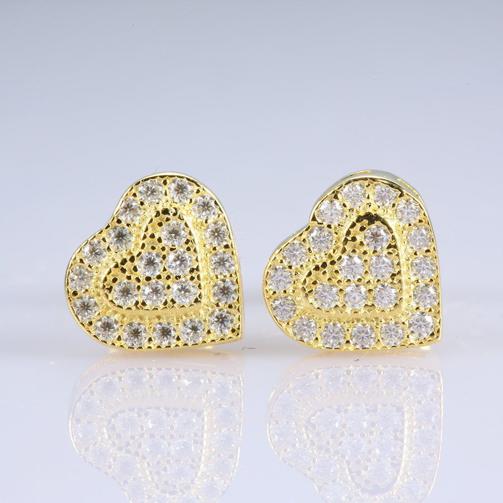 Heart Shape Stud Earrings In 925 Sterling Silver With Moissanite Inlay, Unisex Hip-Hop Style