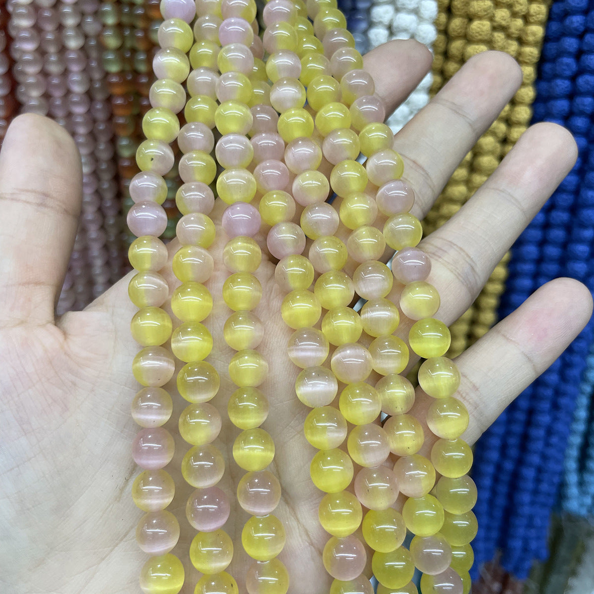 Color Block Beads With Cat's Eye Stone Inlay, Diameter 8mm, Featuring Precise Cutting Craftsmanship