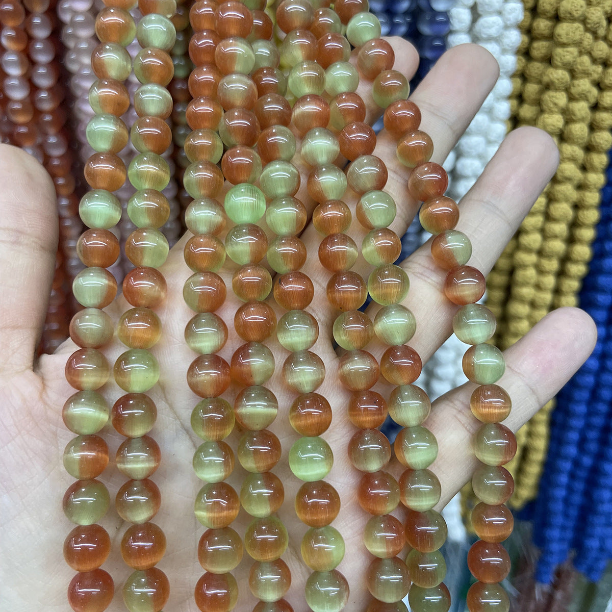 Color Block Beads With Cat's Eye Stone Inlay, Diameter 8mm, Featuring Precise Cutting Craftsmanship
