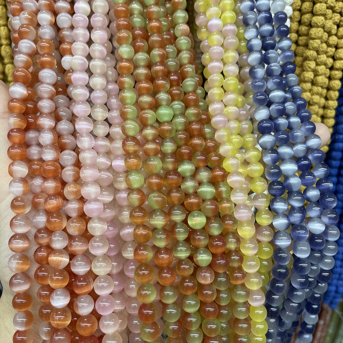 Color Block Beads With Cat's Eye Stone Inlay, Diameter 8mm, Featuring Precise Cutting Craftsmanship
