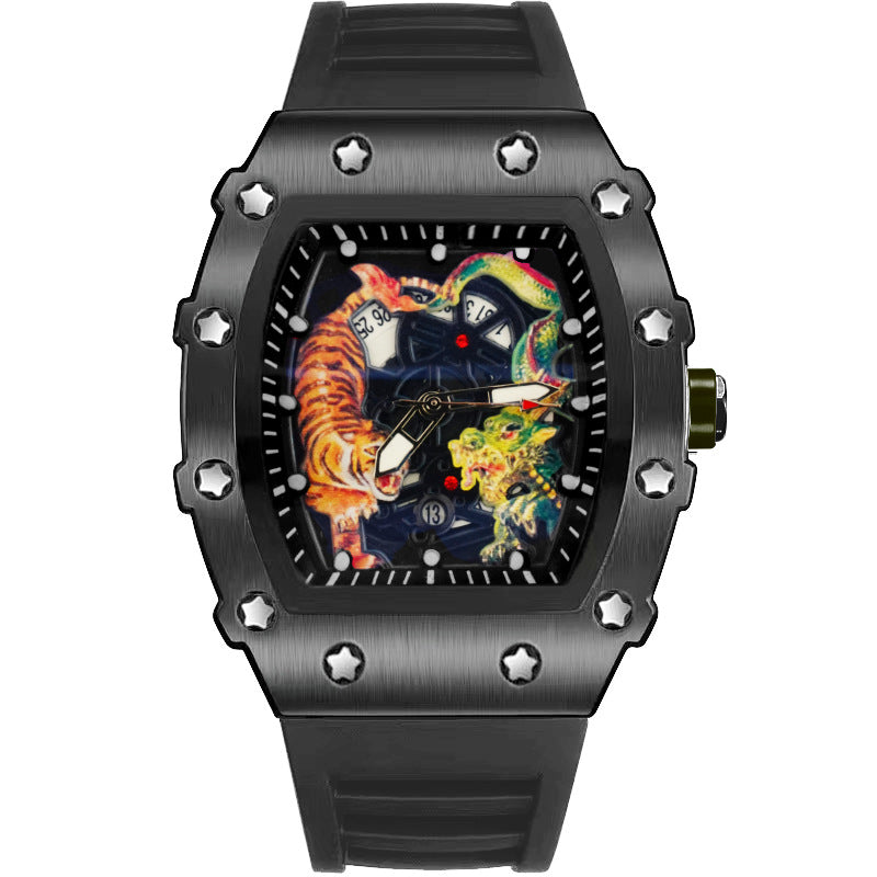 Men's Quartz Watch With Barrel Shape Dial, PU Strap, Pin Buckle, And Ordinary Glass Mirror